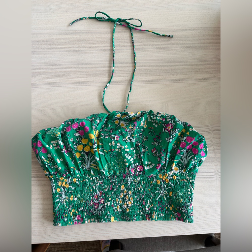 Maeve Anthropologie Green Floral Smocked Halter Crop Top